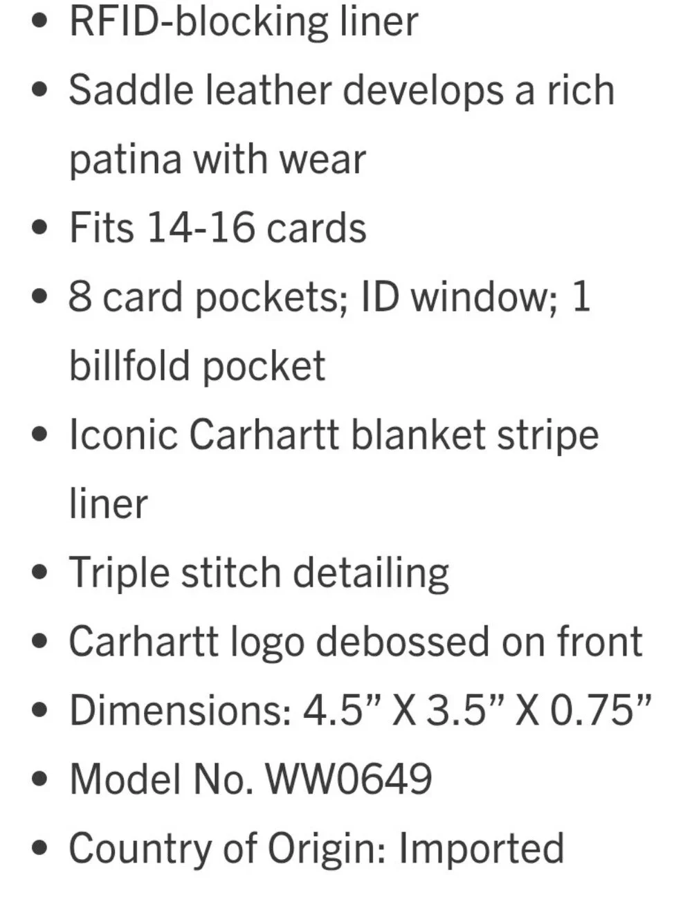 Carhartt Saddle Leather Trifold Wallet- Black
